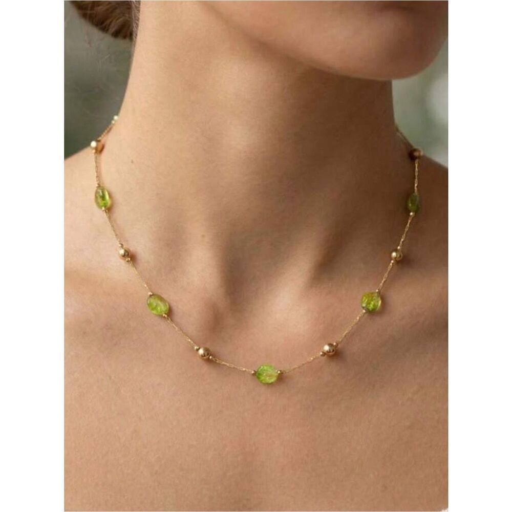 Gold Necklace with Lime Green Beads A1670